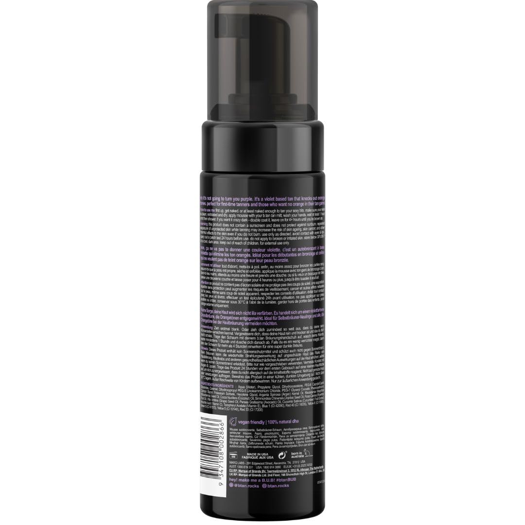 b.tan Violet Base Self Tanner Mousse | Love At First Tan - Best, 1 Hour Express Sunless Tanning Foam, Cancels Orange Tones, Dark Bronzing Glow, No Fake Tan Smell, Face & Body, 6.7 Fl Oz