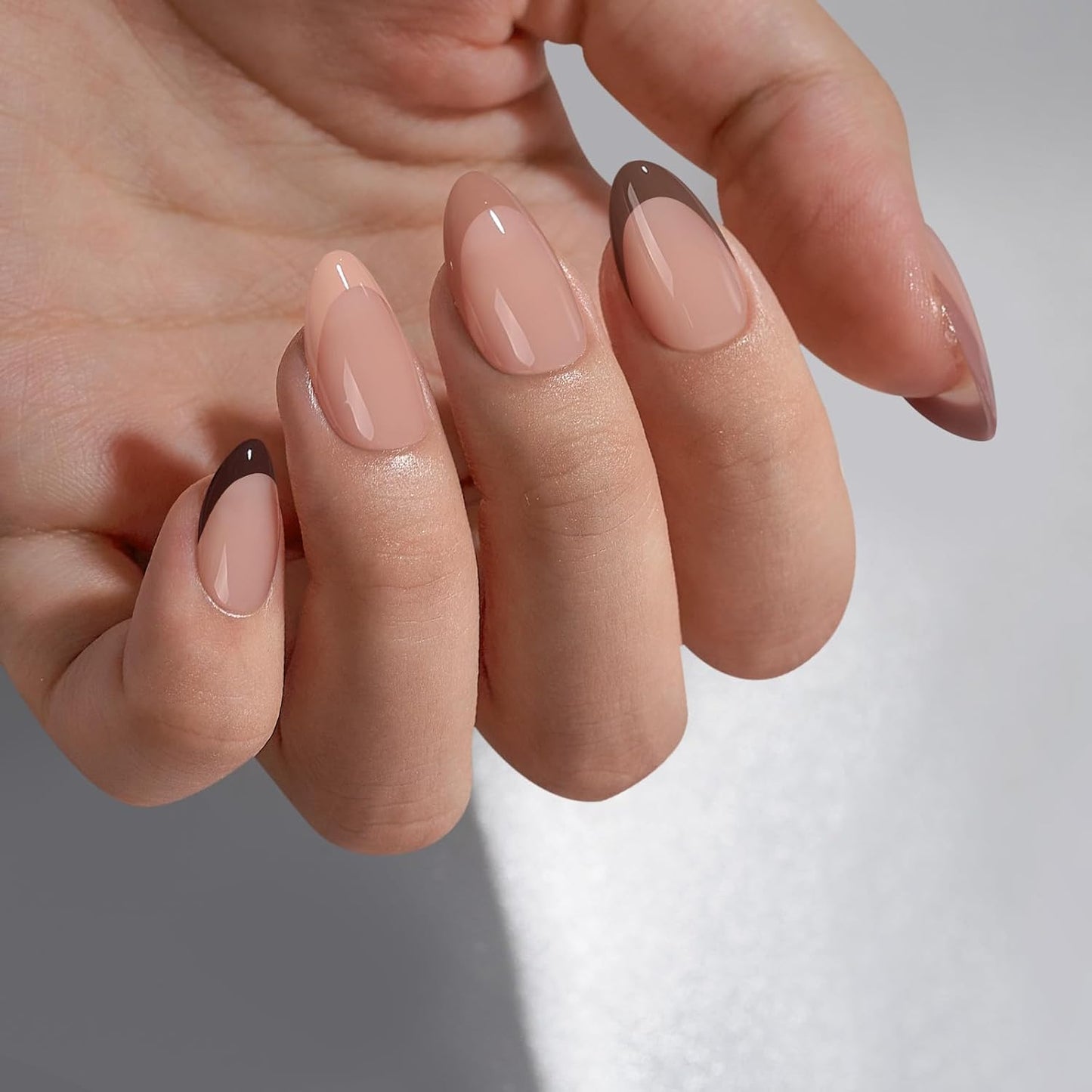 BTArtbox French Tip Press On Nails, Short Almond Supremely Fit & Natural Glue On Nails with Nail Glue, Reusable Stick On Nails in 16 Sizes - 30 Soft Gel Fake Nails Kit, Morning Coffee
