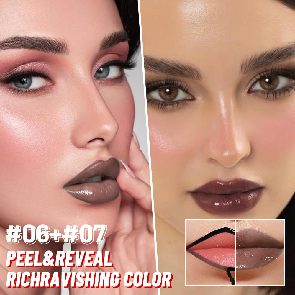 2Pcs Lip Stain Peel Off Lip Gloss oil Dual-Ended Combo, Lips Liner Stain Peel Off Masque, Long Lasting & Waterproof, Transfer-Proof Lip Tint Stain with Lip oil for All Skin Type 06#+07#