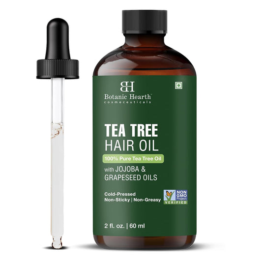 Botanic Hearth 100% Pure Tea Tree Oil (2 Fl Oz) | With Jojoba & Grapeseed Oils | Soothes Itchy Scalp & Fights Dandruff | Hair Oil Repairs Dry Damaged Hair, Strengthening, Healthier Hair- Hair Tonic