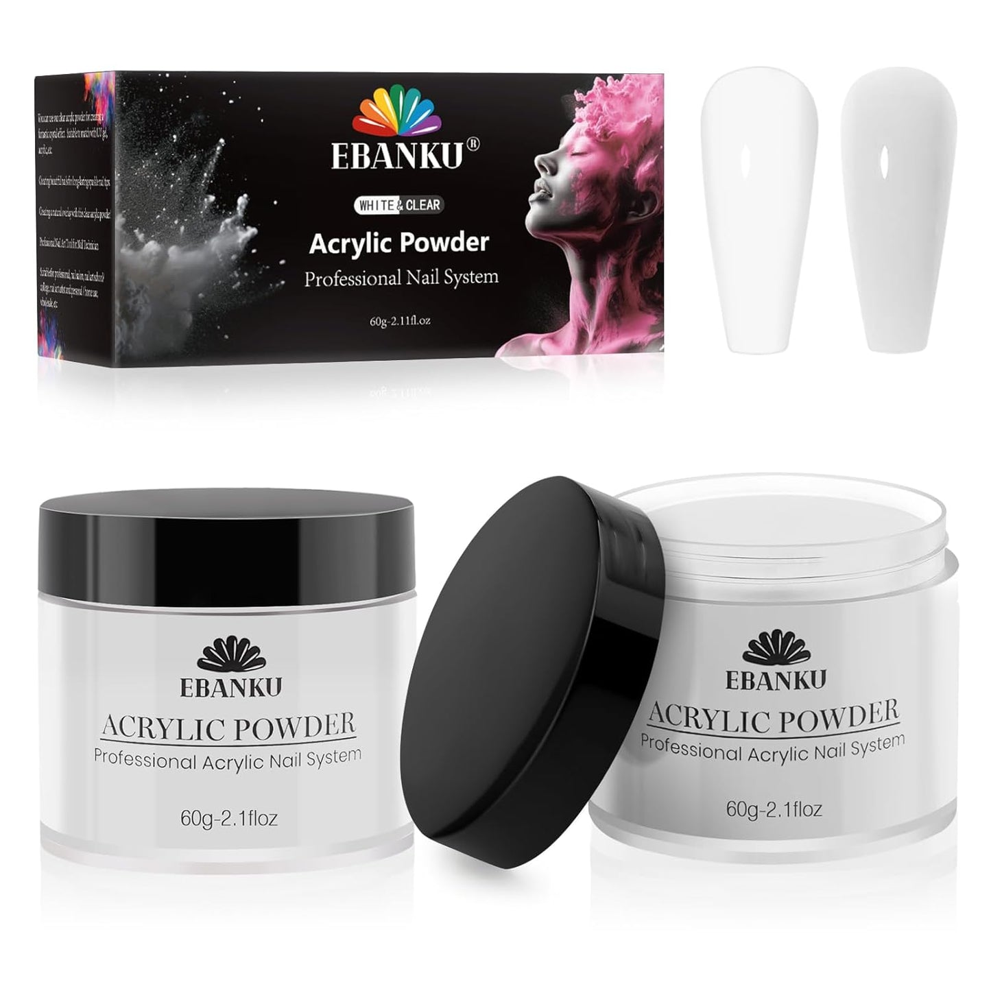 EBANKU 2 Colors Acrylic Nail Powder Set, White Clear Acrylic Powder Professional Nail Acrylic Powder for Nail Acrylic Extension, Nail Carving, Long-Lasting, No Nail Lamp Needed, 2.1 oz