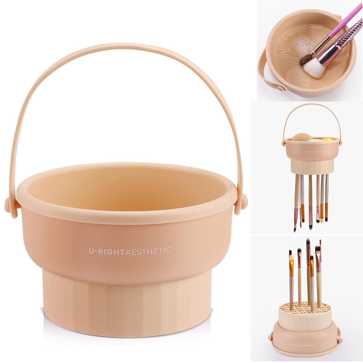 Makeup Brush Cleaner Mat 3 in 1 Silicone Makeup Brush Cleaner Bowl Cosmetic Brushes Cleaning Tool Organizer for Storage and Air Drying（Khkai