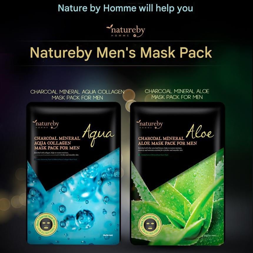 Charcoal Mineral Mask Pack for Men, Korean Skincare Face Wrinkle Treatmen Mask Sheets, Men's Skin Care Sets, Travel Essentials & Gift Sets for Men (Collagen & Aloe, Pack of 6pcs)