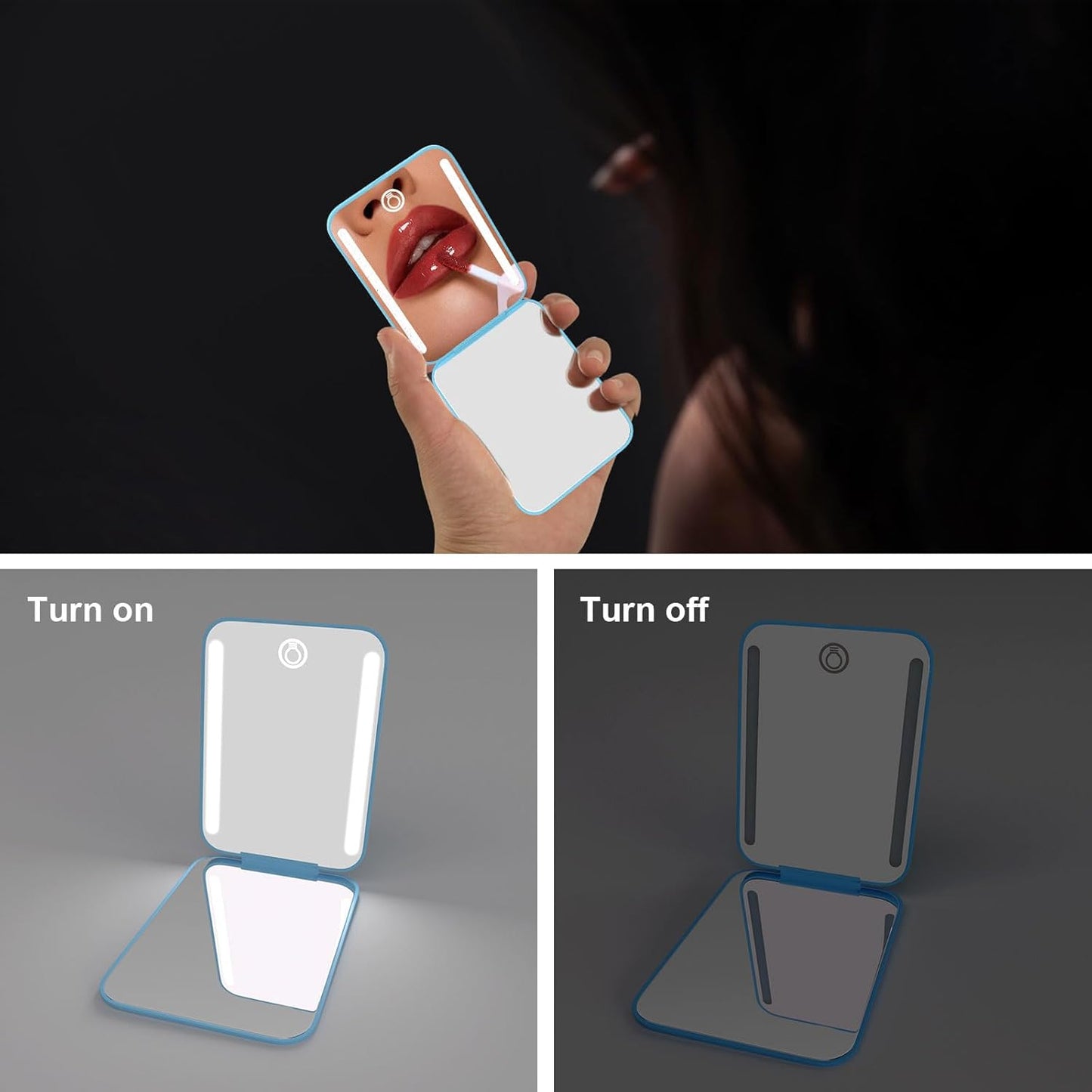 Kintion Rechargeable Pocket Mirror, Double Sided 1X/3X Magnification Compact Vanity Mirror, 3 Color Lights, Dimmable, Small Portable Wallet Mirror, Lighted Travel Mirror for Women Gifts, Blue