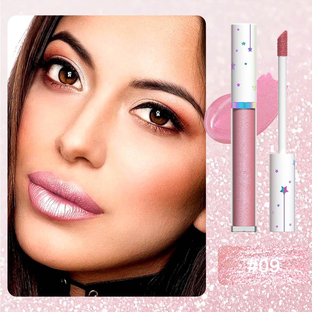 evpct 1Pcs Pink Metallic Glitter Lipstick Lip Gloss Stain for Women Long Lasting Waterproof 24, Hot Light Nude Pink Frosted Metallic Shimmer Glossy Chrome iridescent Liquid Lipstick Lip Gloss Makeup