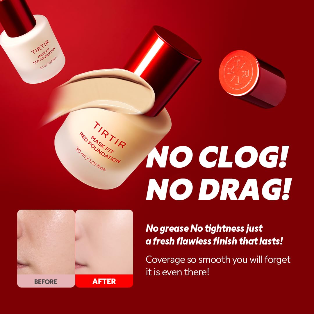 TIRTIR Mask Fit Red FoundationㅣLong Lasting Flawless Coverage, Energy Essence, Lightweight, Hydrating, Pore-Blurring, Breathable Satin Finish, Makeup, Radiant Skin, #24W Soft Beige, 1.01 Fl Oz