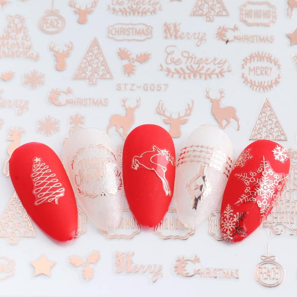 JMEOWIO 9 Sheets Christmas Nail Art Stickers Decals Self-Adhesive Pegatinas Uñas Navidad Rose Gold Winter Holiday Xmas Snowflake Nail Supplies Nail Art Design Decoration Accessories