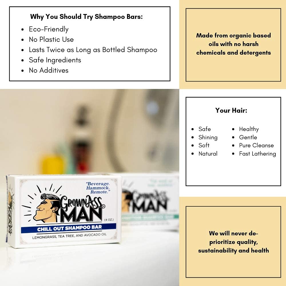 Solid Shampoo Bar Rich Lather 3 in 1: Hair, Beard & Body Wash - Plastic Free & Eco-Friendly, Natural & Organic Clean for All Hair Types, 4oz Bar (Chill Out, 6-Pack)
