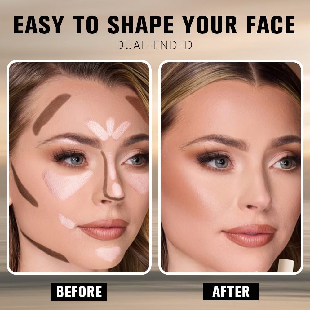 Dual-Ended 2-in-1 Cream Contour & Highlighter Stick – Waterproof, Long-Lasting for Face & Body Makeup, Suitable for All Skin Tones, 03#Darker Nude + Light Pink