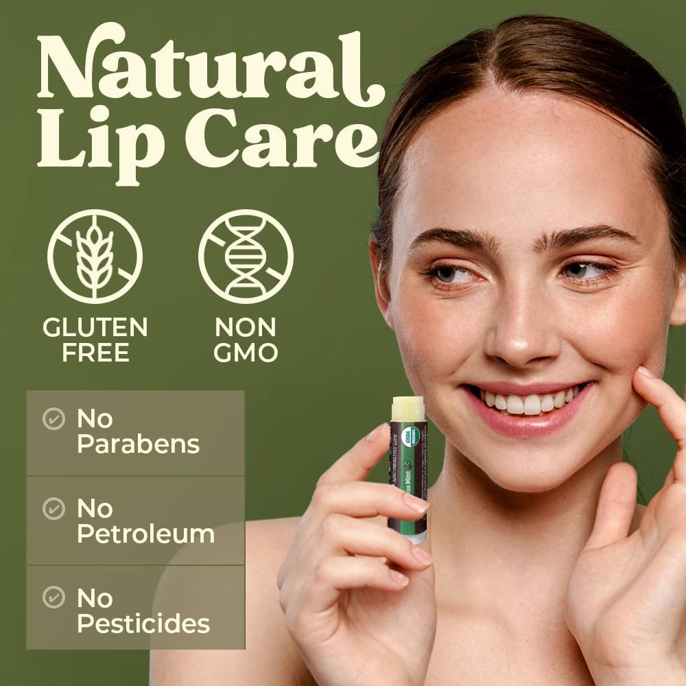 Earth's Daughter USDA Organic Lip Balm 4-Pack Eucalyptus Mint Flavor - Beeswax, Coconut Oil, Vitamin E - Best Lip Repair Chapstick for Dry Cracked Lips.