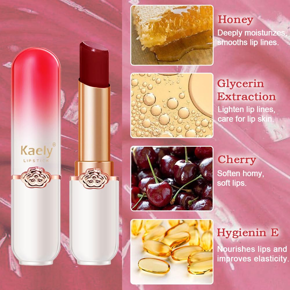 evpct 3Pcs Magic Color Changing Lipstick Long Lasting Waterproof 24 Hours Original for Women, Peach Strawberry Black Red Cherry Pink PH Mood Permanent Color Changing Lipstick Lip Balm, labial magico