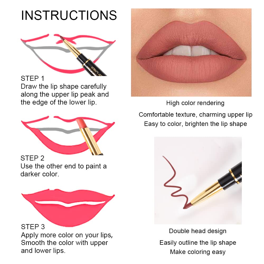 evpct 6Pcs Lip Liner and Lipstick Combo Set, 2-in-1 Waterproof Lipstick and 24H Lip liner Set for Women, Antique Rose Chestnut Nude Dark Brown Matte Lipsticks Pen with Lip Liner Set Long Lasting 24