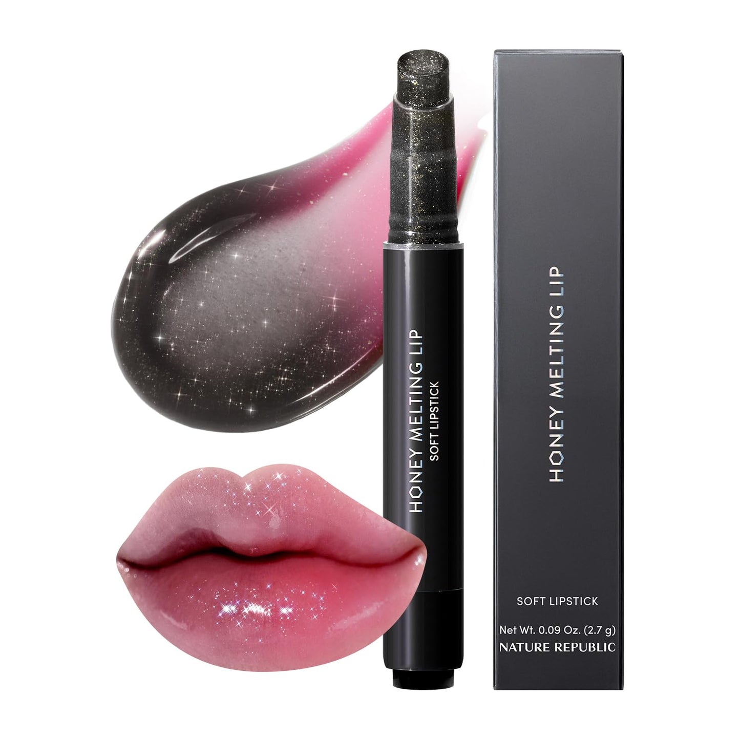 Nature Republic HONEY MELTING LIP GLITTER & PLUMPING (16 MIDNIGHT SPARKLE) SOFT LIP STICK Moisturizing Gloss, Volumizing formula, Color changing Sheer tint, Shine Glimmer Finish, korean make up