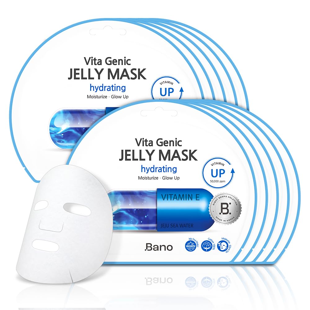Bano Vita Genic Jelly Face Hydrating Mask 10EA – Firming Sheet Mask for Sensitive Skin, Korean Glass Skin Care with Mineral Water, Vitamin C & Niacinamide, Fragrance-Free