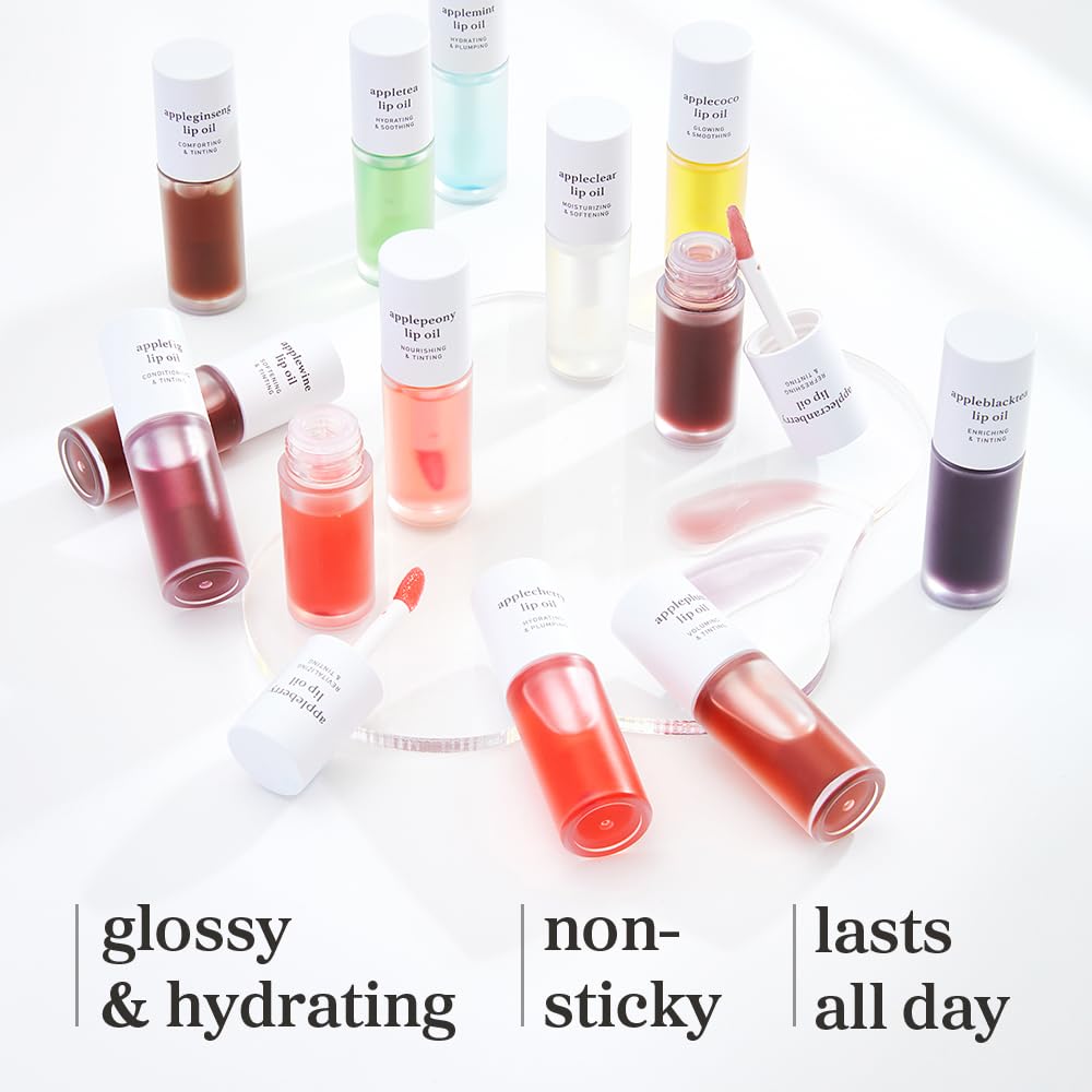 NOONI Vegan Appleseed Lip Oil Set - Applecherry & Appleplum | Long-Lasting, Moisturizing, Plumping, Revitalizing for Dry Lips, Waterproof, No Peel Off, Korean Tint, 0.12 FL Oz x 2ea