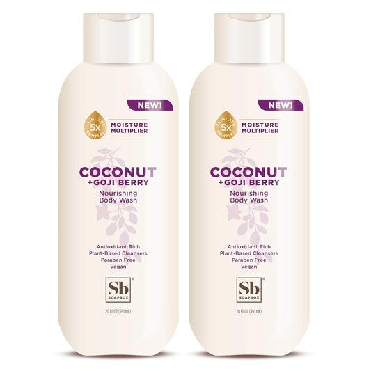 Soapbox Body Wash, Coconut & Goji Berry Liquid Body Wash, Moisturizing Soap with Shea Butter, Vegan Duo Pack of 2 Soap Bottles, 20oz Each
