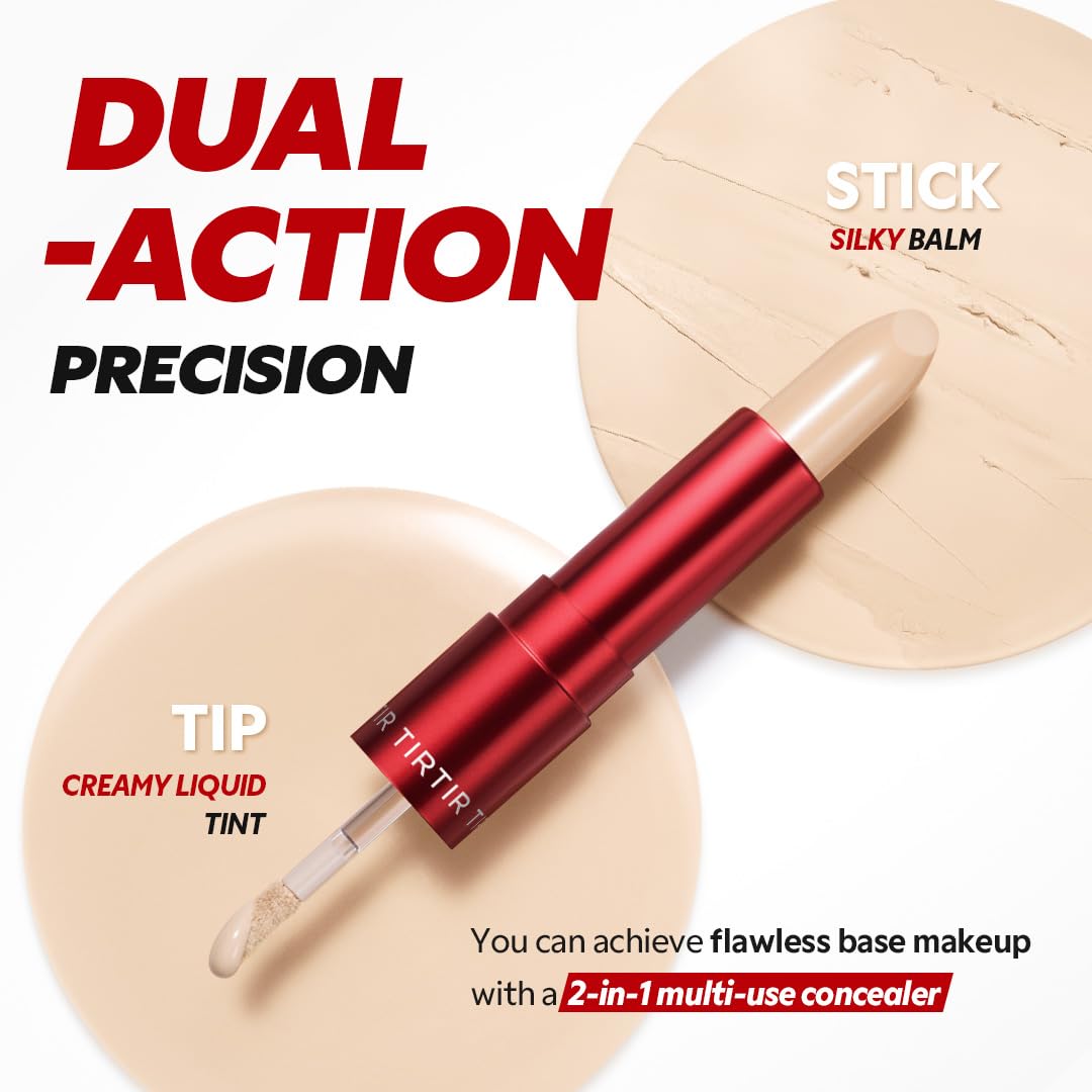 TIRTIR Glide&Hide Blurring Concealer - Creamy texture, Conceals dark circles and wrinkles, Dual formula (liquid tip & balm stick), Long-lasting wear, Korean Makeup, #6.5N, 0.28 Oz