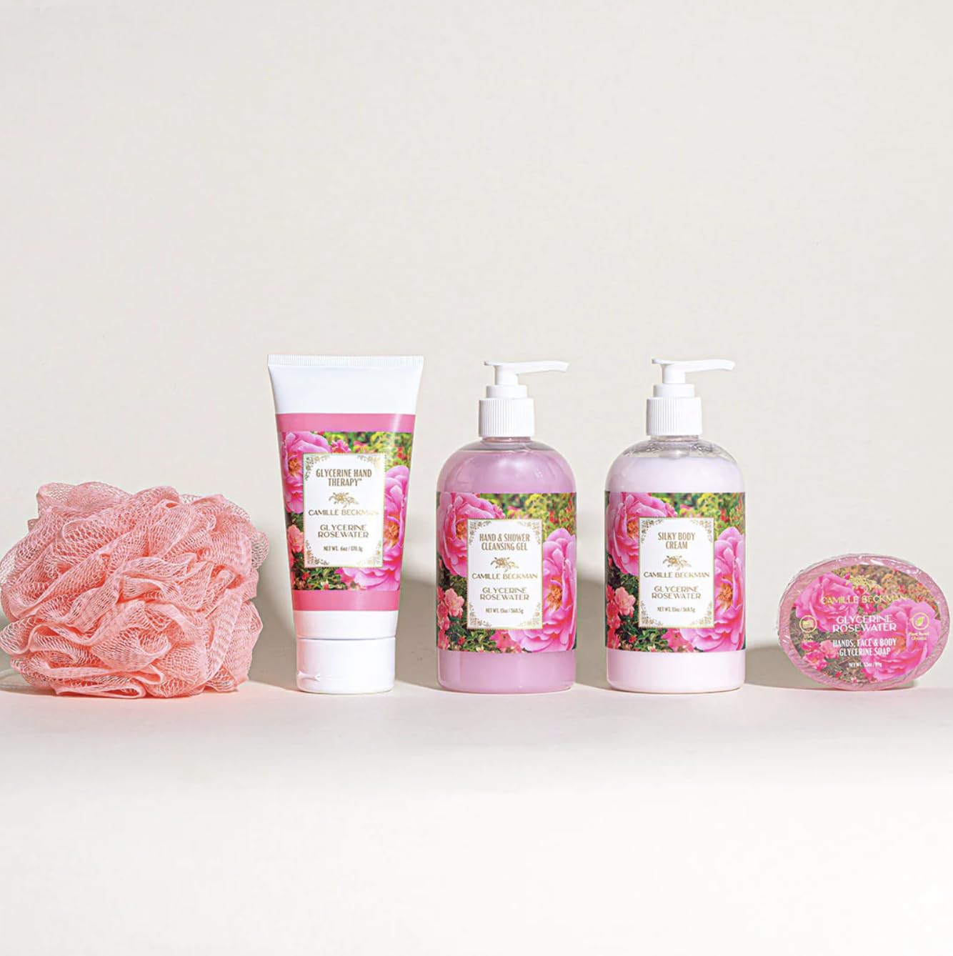 Camille Beckman Essentials Gift Basket, Glycerine Rosewater, Glycerine Hand Therapy 6 oz, Silky Body Cream 13 oz, Hand and Shower Cleansing Gel 13 oz, Glycerine Soap 3.5 oz