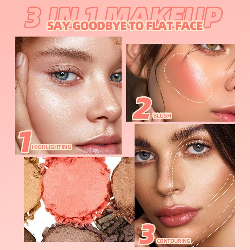 Contour and Highlight Blush Makeup Palette, Cream Bronzer, Silky Smooth Powder Blush, Shimmer Highlighter Makeup Powder, 3-in-1 Mixable Three-Piece Eyeshadow Palette with Mirror (02#)