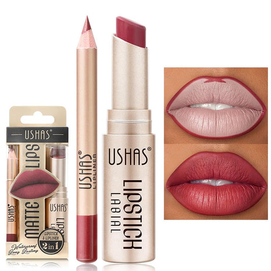 USHAS 2 in 1 Waterproof Lipstick and Lip Liner Combo Set, Long Lasting Matte Lip Pen for Women, Makeup Kit (G4, Pack of 1)