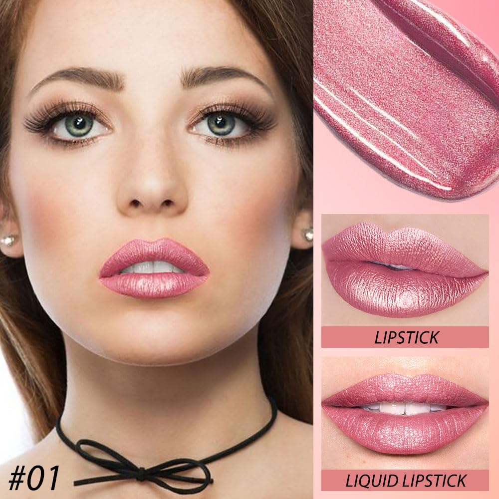 evpct 2 in 1 Light Pink Glitter Metallic Shimmer Diamond Lipstick and Lip Gloss Set for Women Long Lasting Waterproof, Bright Rose Pink Sparkle Glitter Shiny Lipstick and Lip Liner Makeup set, 01#