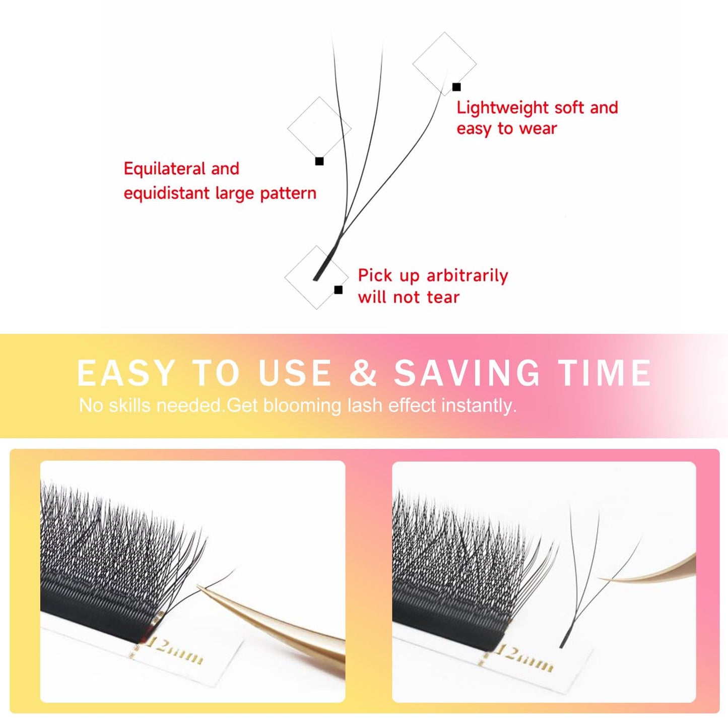 W Lash Extensions Supplies 3D Eyelash Extensions W Shape 0.07mm Thickness C Curl 9mm Premade Fans Easy Fan Lashes Volume Matte Black 12 Rows Crisscross Eye Lashes(W-3D-0.07-C,9mm)