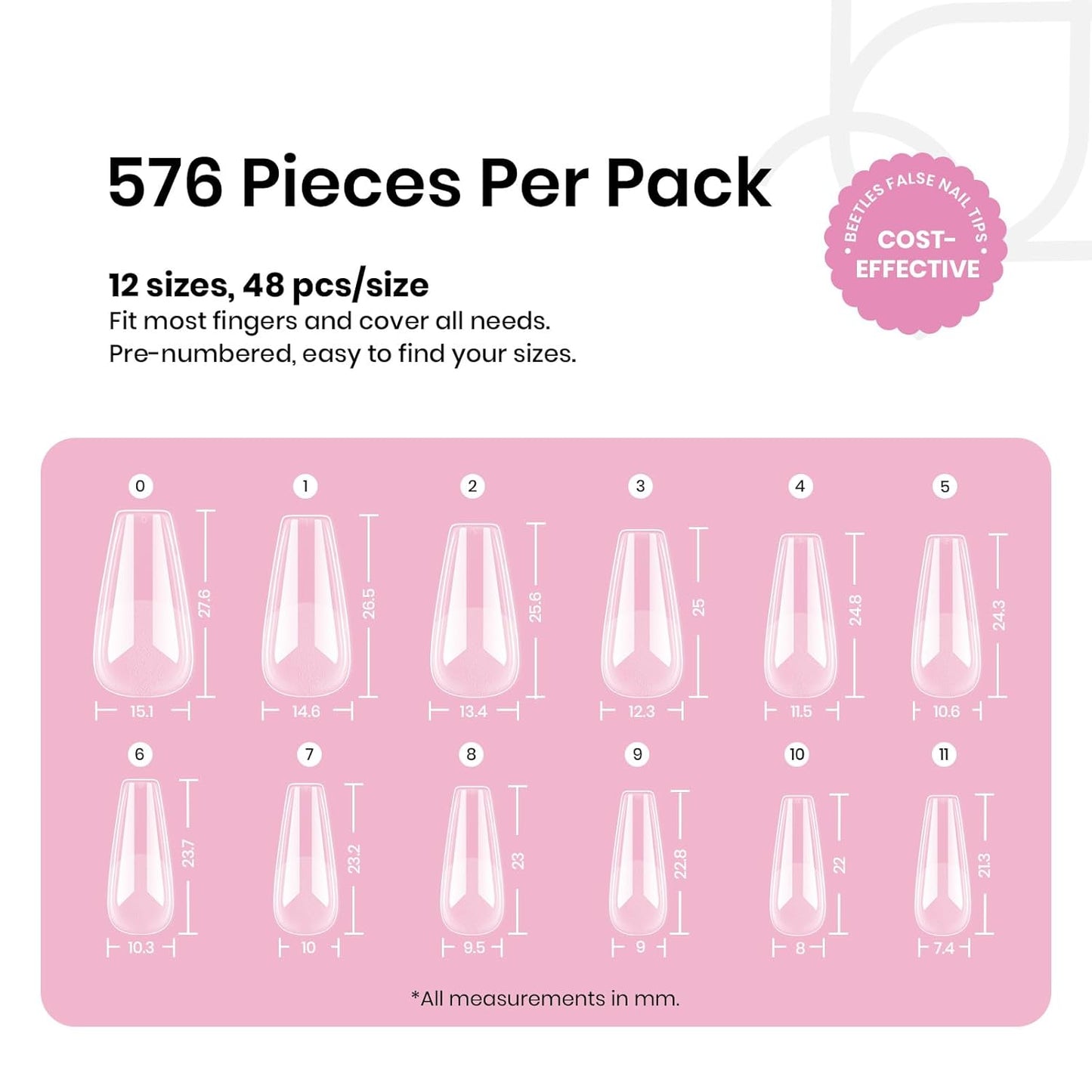 Beetles Gel Nail Tips Medium Coffin 576PCS Etch X Nail Tips, 12 Sizes Pre Shaped Half Matte Press On Nails Full Cover False Nails Acrylic Nails Glue on Nails Extensions Set for Women Home DIY