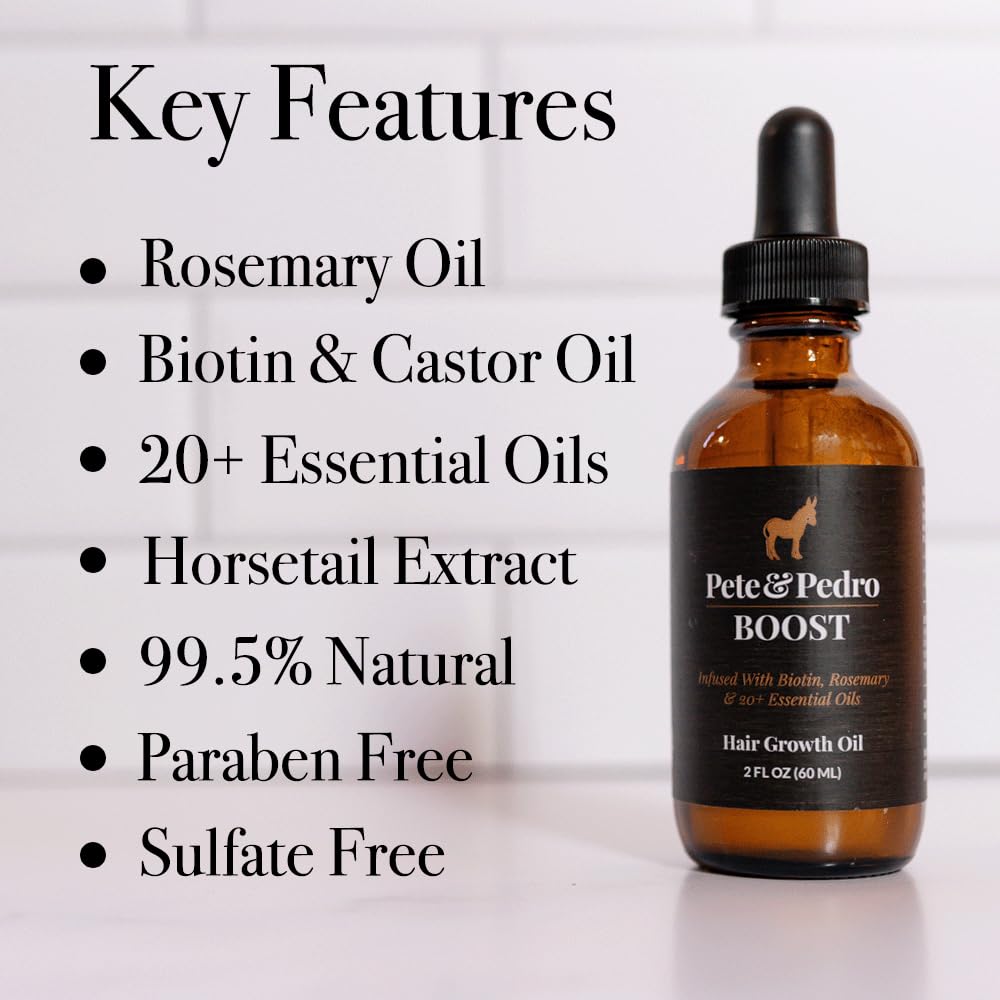 Pete & Pedro BOOST Hair & Beard Growth Serum Strengthening Oil For Men & Women - With Rosemary, Biotin & 20+ Natural Essential Oils | Shark Tank Featured, 2 oz.