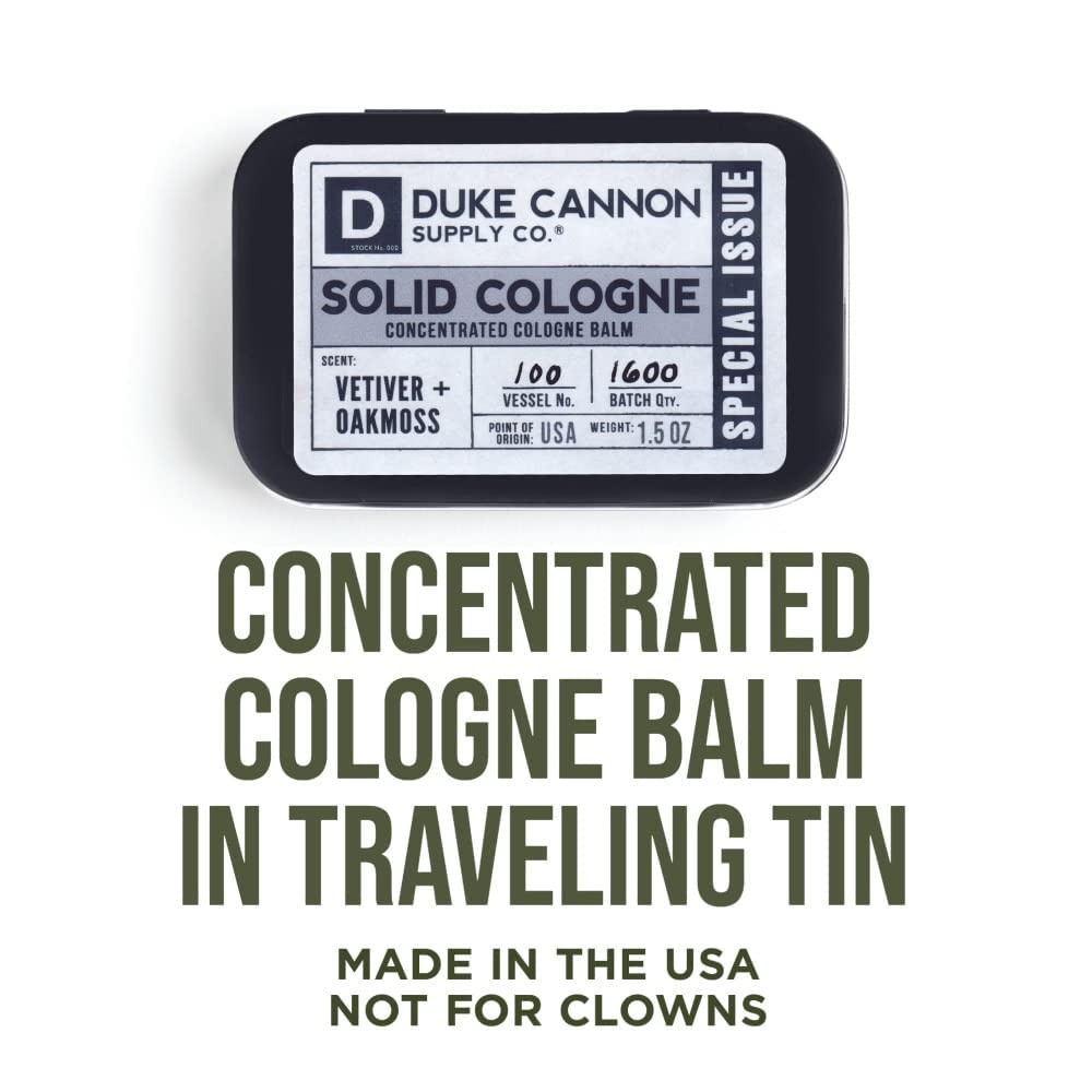 Duke Cannon Supply Co. Solid Cologne for Men Special Issue Vetiver and Oakmoss (Fresh Air, Sandalwood) - Concentrated Balm, Travel-Friendly Tin, 1.5 oz