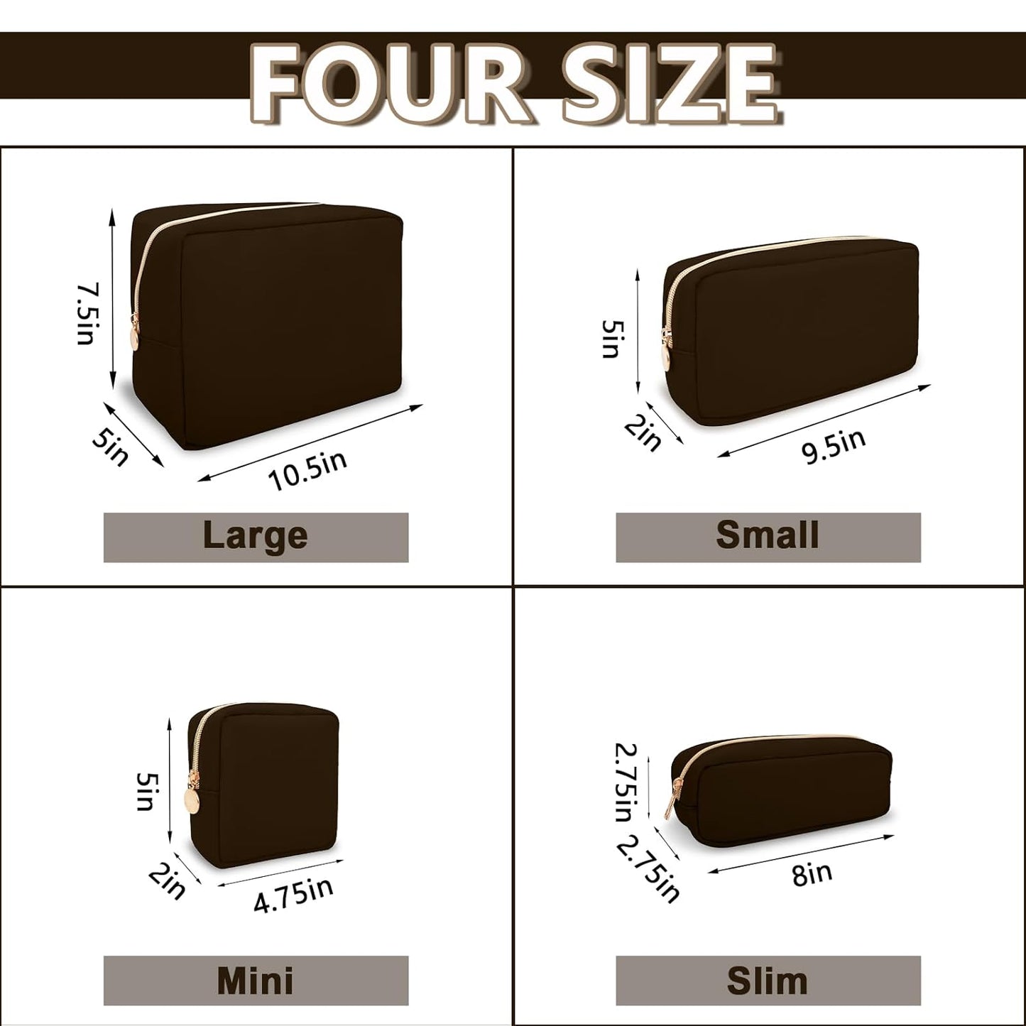 Small Makeup Pouch for Purse, Nylon Travel Toiletry Storage Pouch Cute Preppy Cosmetic Bag for Women Girls, Waterproof Makeup Organizer Skincare Bag Purse with Zipper (Small-Chocolate)