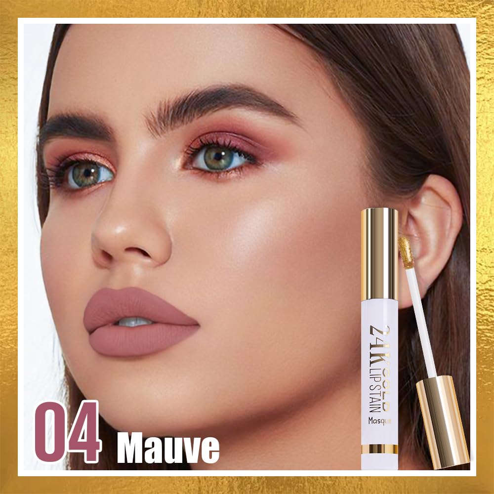 2Pcs 2025 New 24K Gold Liquid Lip Gloss Peel Off Lip Stain Tattoo with Tweezer, Lips Stain Peel Off Masque, Long Lasting Waterproof Lip Tint Stain, Transfer-proof for All Skin Types 03#+04#