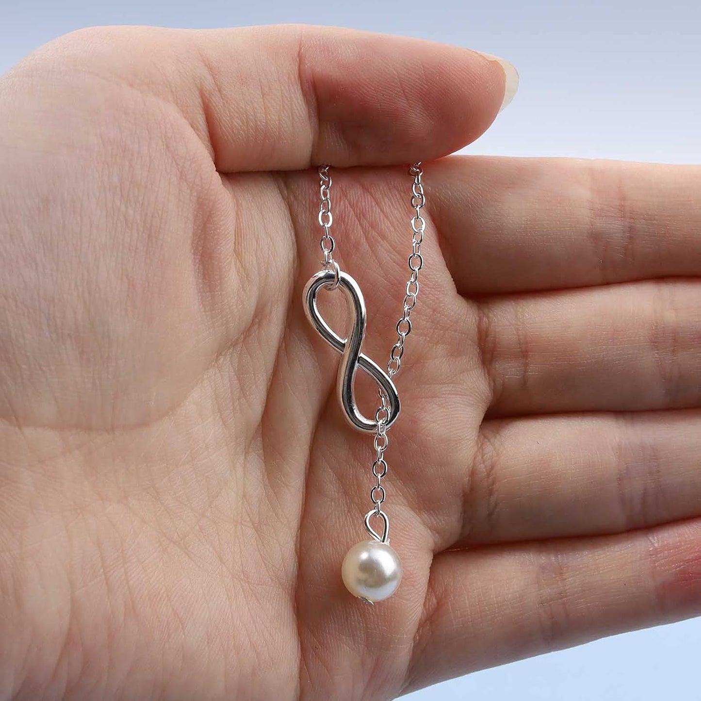 Boho Pearl Infinity Necklace Silver Y Pearl Necklace Minimalist Chain Y Lariat Necklace Chain Jewelry for Women and Girls