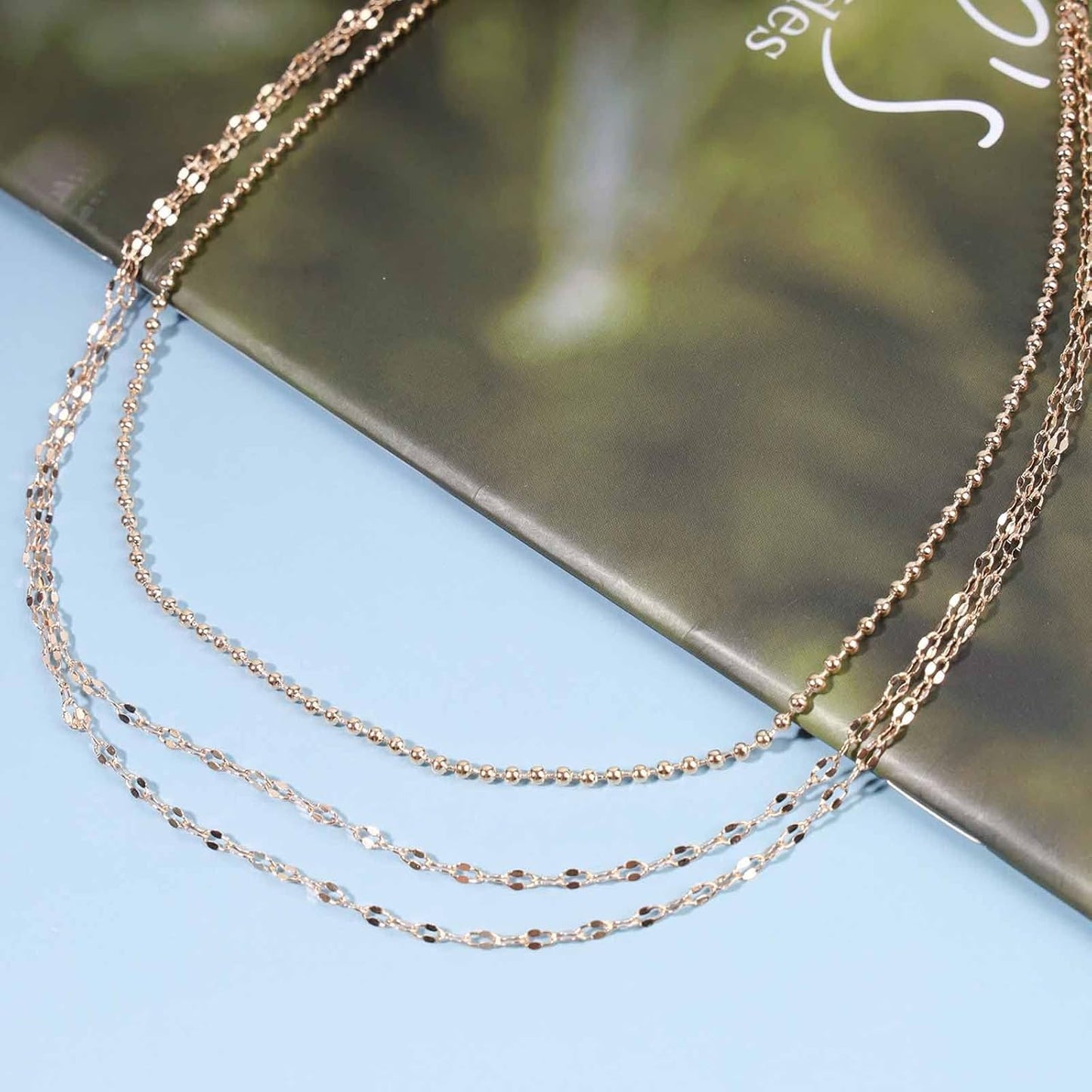 Boho Layered Necklace Choker Gold Lace Chain Necklace Shimmer Shinny Necklace Vintage Multilayer Beaded Necklace Jewelry for Women and Girls
