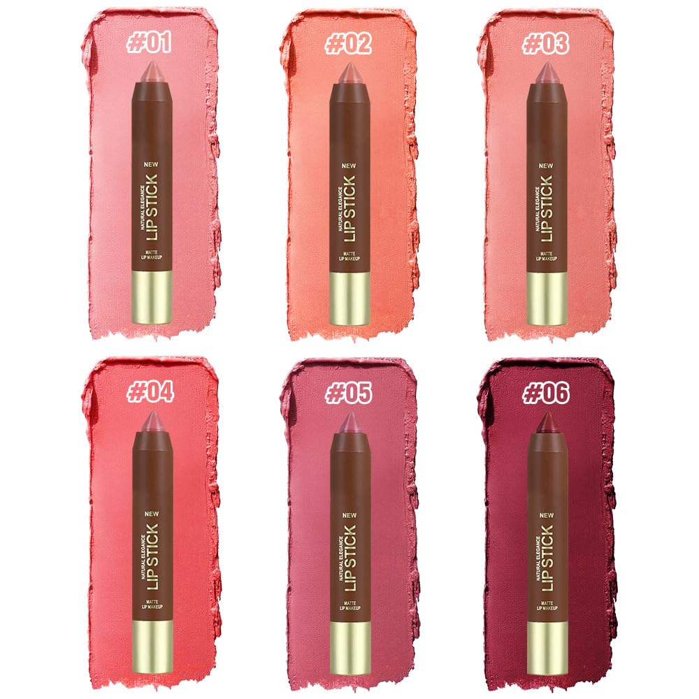 6Pcs Matte Lipstick Crayon Set for Women, 24 Hour Lipstick Lip Liner Pencil, Neutral Lip Stick Lipliner Long Lasting Waterproof Smudge Proof, Vegan & Cruelty-Free