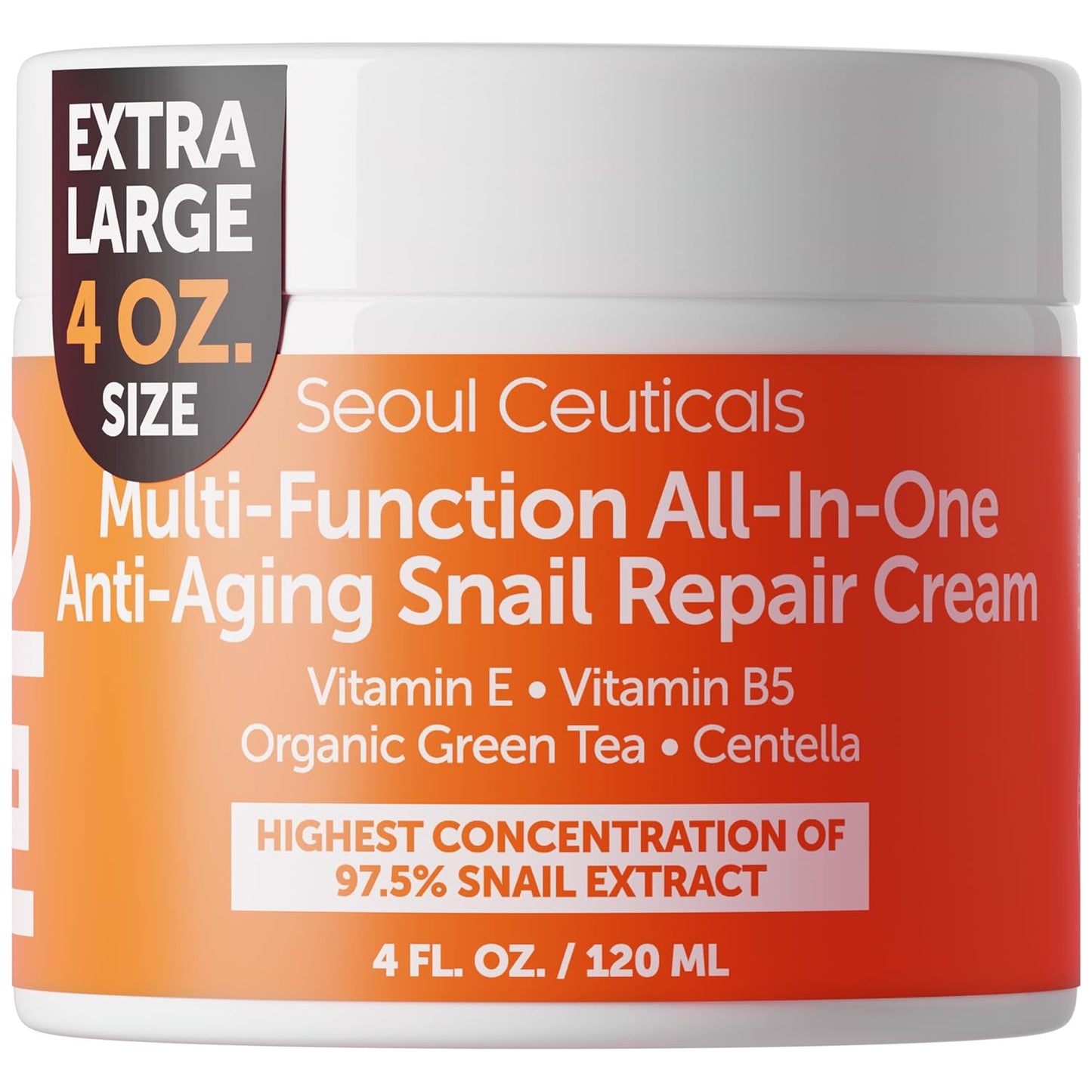 SeoulCeuticals Large 4oz 97.5% Snail Mucin Moisturizer Cream Korean Skin Care - K Beauty Skincare Day & Night Snail Repair Cream Filtrate Cruelty Free