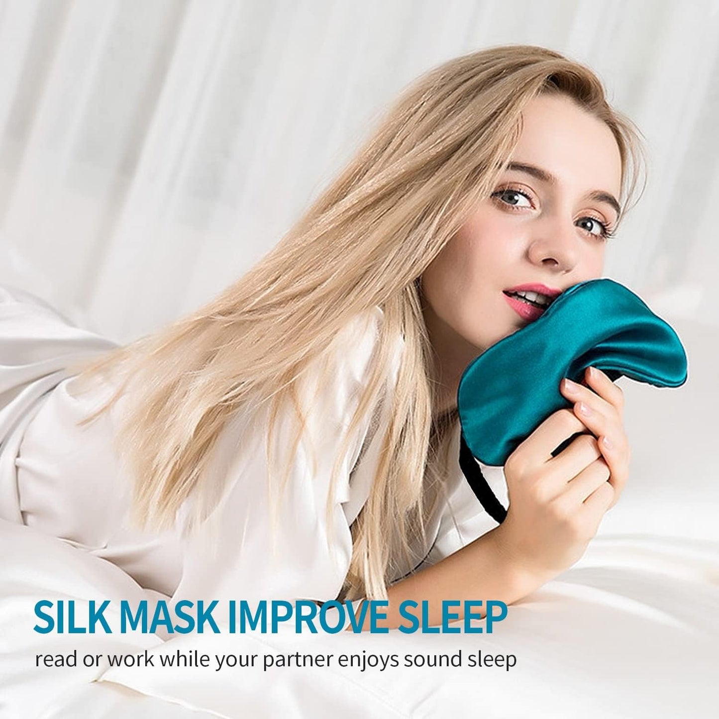 2-Pack 100% Real Natural Silk Eye Mask, Silk Sleeping Mask, Shade Puffy Eye Gift with Adjustable Straps, Sleep Eye Mask, SHJINJU Eye Mask Shade (Black and Lake Blue)