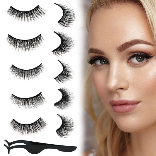 Self Adhesive Eyelashes Natural Look False Eyelashes Reusable Self Stick Lashes, No Glue Needed, 5 Pairs Long