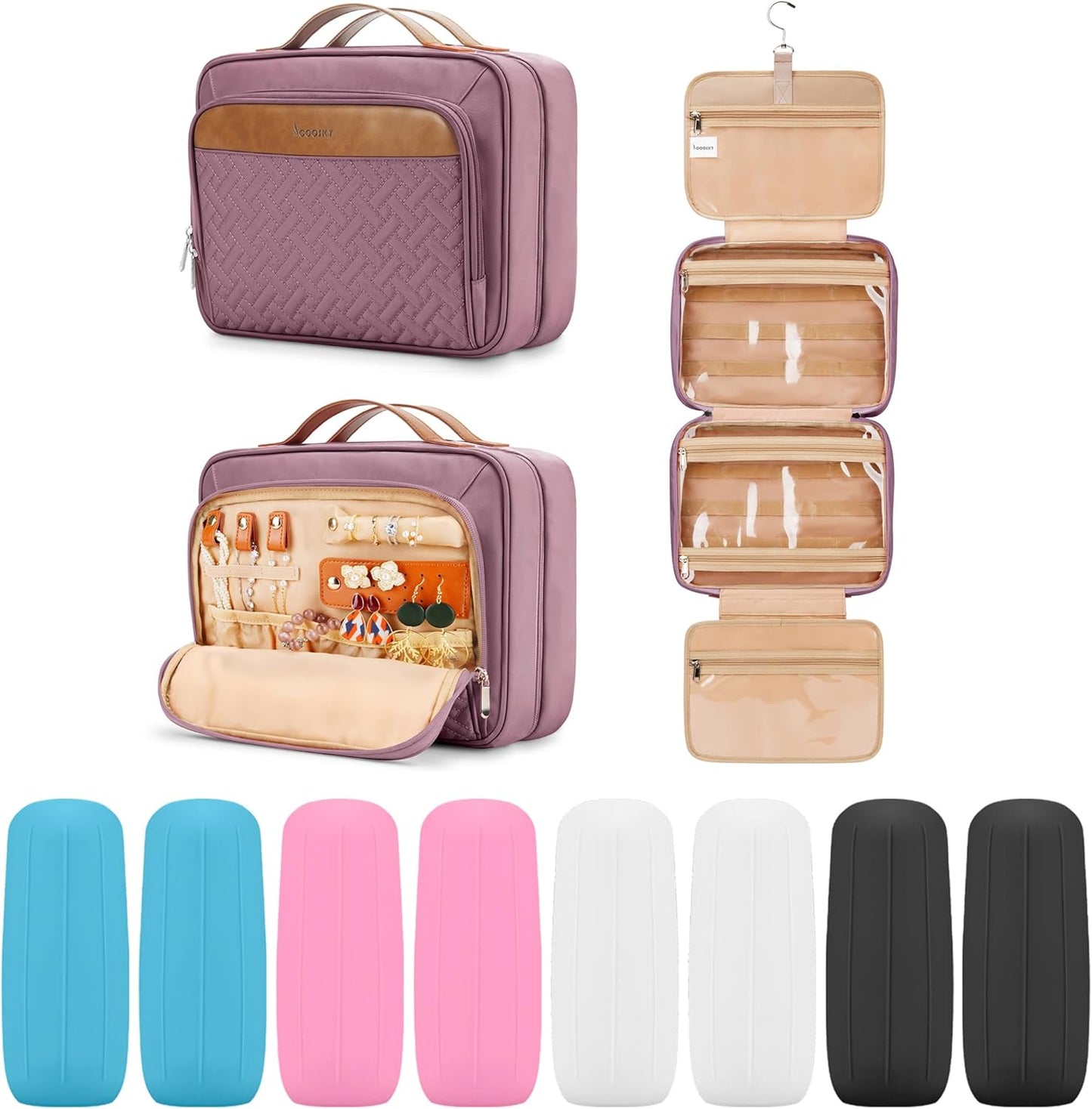 Travel Hanging Toiletry Bag for Women and Men, with 8 Leak Proofing Silicone Bottle Covers, Waterproof Makeup Accessories, Cosmetic Essentials, Toiletries Dopp Kit Set with Jewelry Organizer, Purple