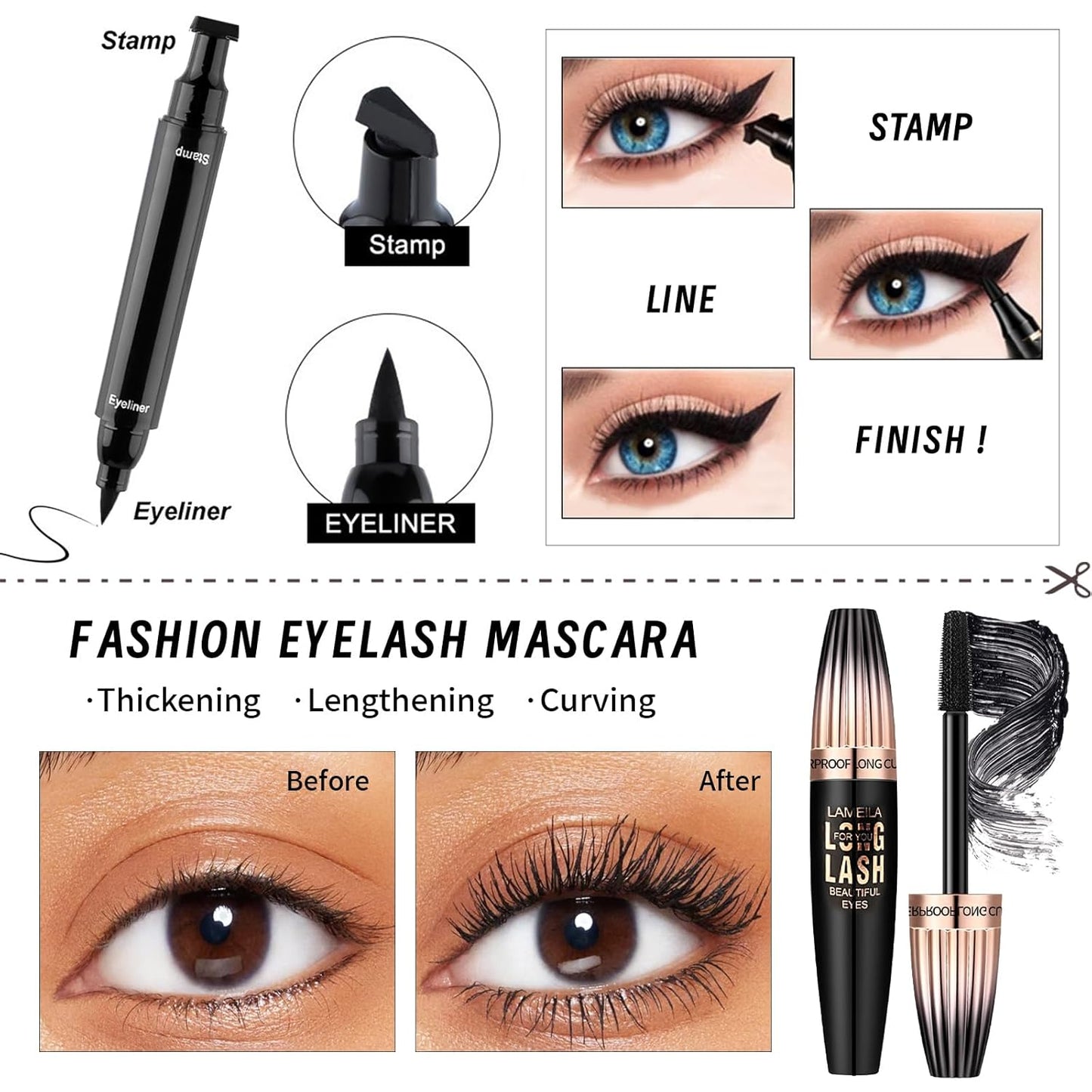 Face Primer, Makeup Brush and Sponges, Eyebrow Soap and Pencil, Mascara, Winged Eyeliner Stamp, cosmetic bag，Eyebrow Soap and Pencil, Mascara, Winged Eyeliner Stamp