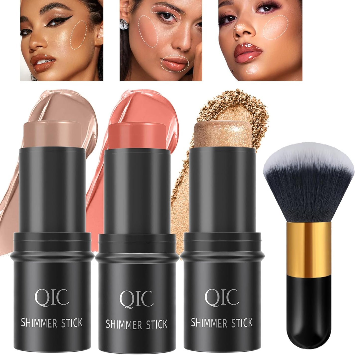 3 Pcs Contour Highlighter Stick Cream Blush for Cheeks Eyes Lips Lightweight Dewy Finish Bronzer Waterproof Long Lasting Contour Stick Trio Wand Face Makeup Set（Send brushes）