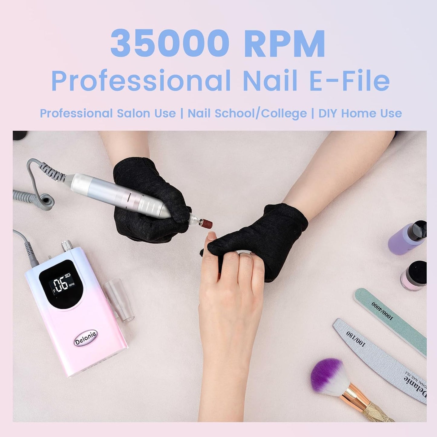 Delanie Professional Nail Drill High Torque 35000 RPM Rechargeable Portable Electric Nail File Filer for Acrylic Gel with Cuticle Bits, Salon Manicure Tool, Gradient Pink