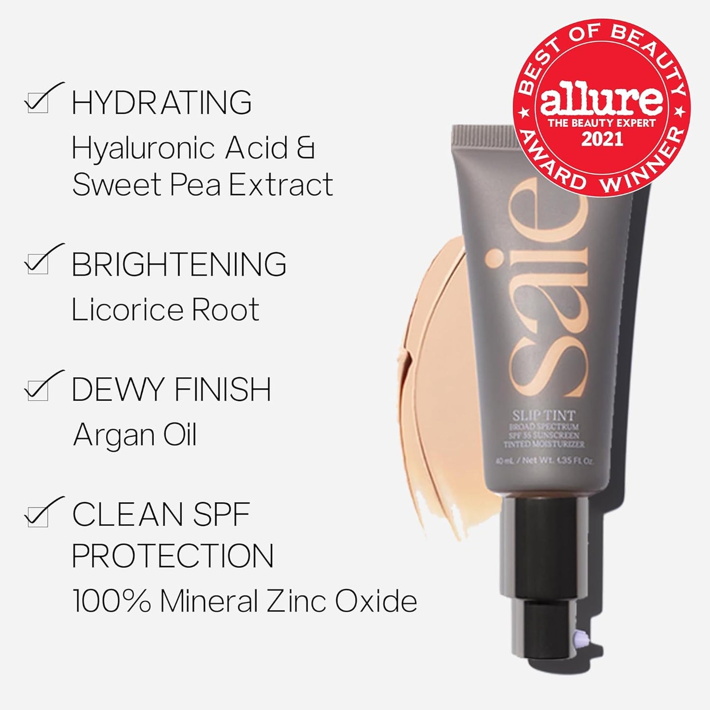 Saie Slip Tint SPF 35 Tinted Moisturizer - Light Coverage Moisturizer + Broad Spectrum Zinc Oxide Sunscreen with Hydrating Hyaluronic Acid - Shade Nine + Half (1.35 oz)