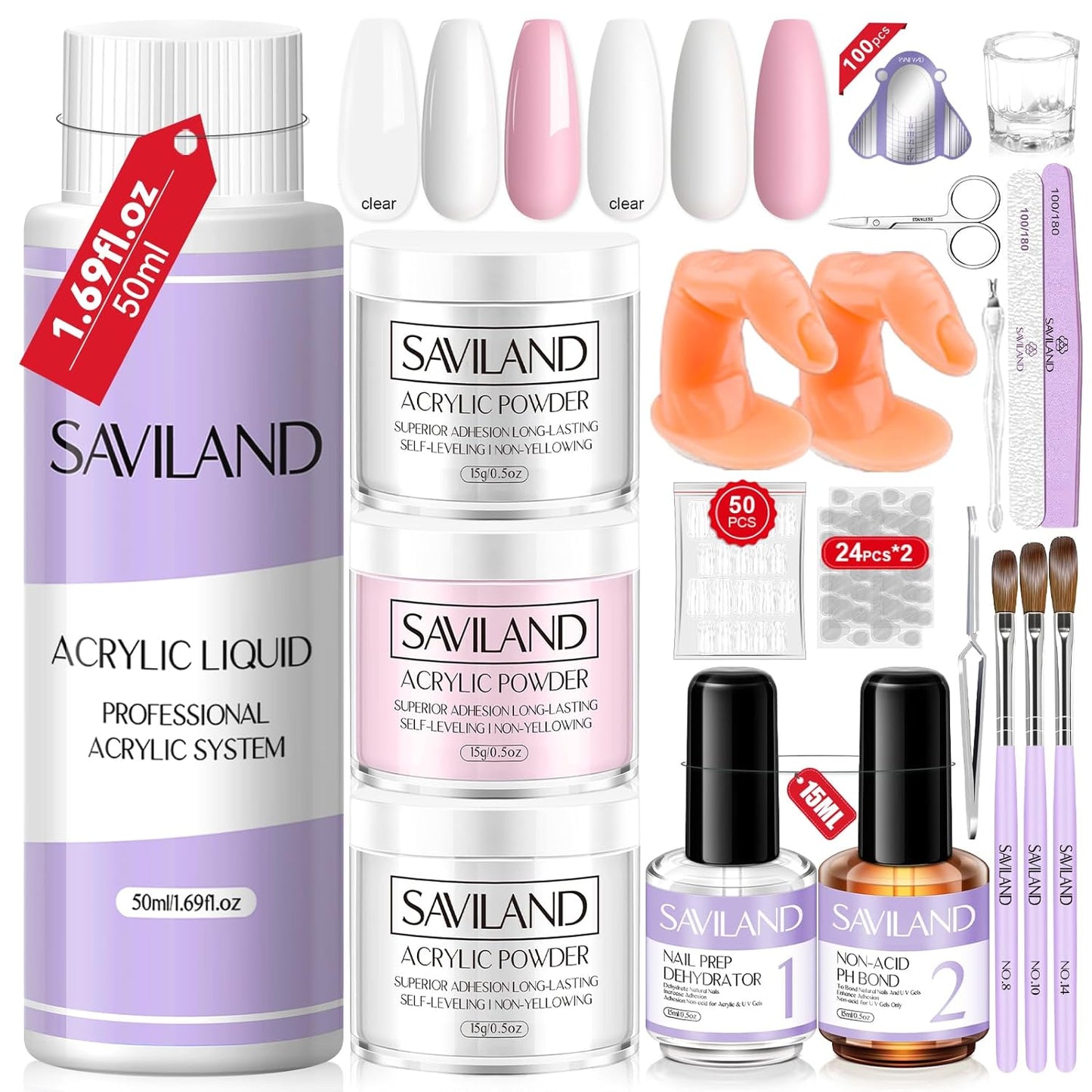 SAVILAND Essentials Acrylic Nail Kit for Beginners: White Pink Clear Acrylic Powder and Liquid Set with Nail Dehydrator Primer Brushes Forms Tips Tools Nails Kit Acrylic Set with Everything Home DIY