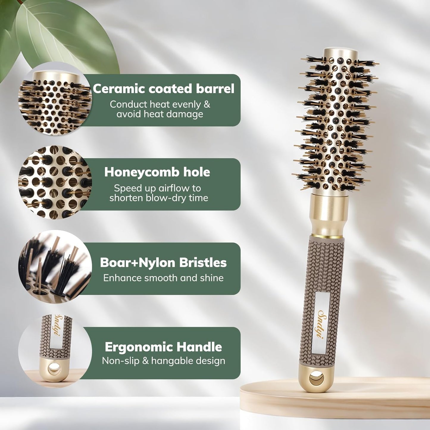 Round Brush for Blow Drying, Nano Thermal Ceramic & Ionic Tech Hair Brush with Boar Bristles, Professional Round Barrel Brush for Styling,Curling and Straightening by Sndyi (2 Inch, Barrel 1 Inch)