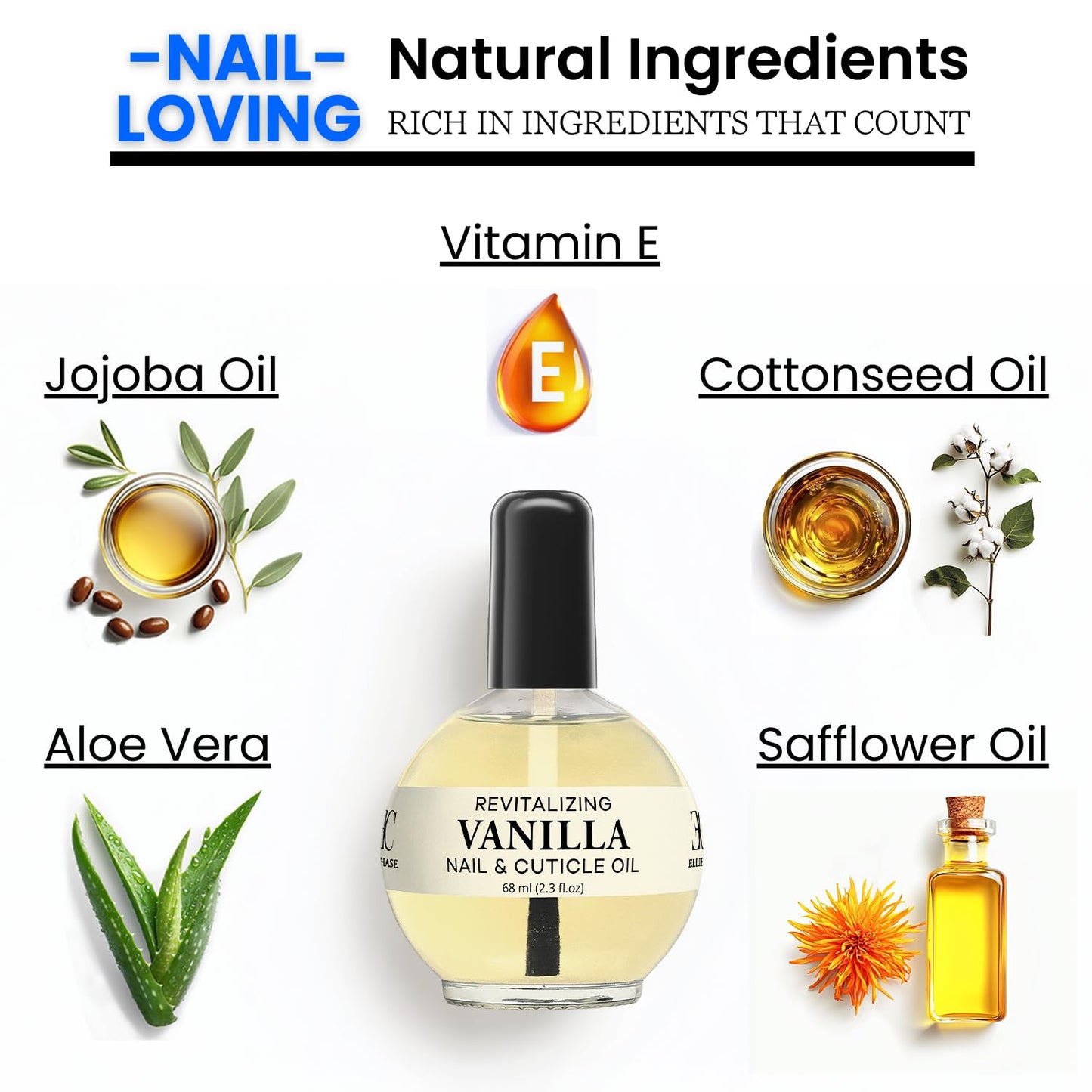 Ellie Chase Moisturizing Cuticle & Nail Care Oil 2.3 Fl Oz - Vanilla Scented – Infused with Jojoba Oil, Aloe, Vitamin E – Nail & Cuticle Hydration, Repair, Moisturizer, Strengthener, Growth