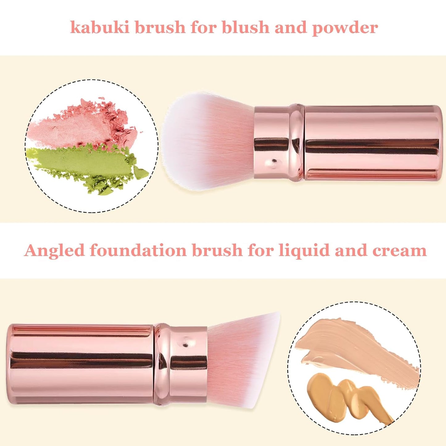 Retractable Makeup Brush 2 Pack, Travel Kabuki Powder Makeup Brush, Foundation Face Blush Brushes for Blending Liquid, Blush, Bronzer, Buffing, Sunscreen,Flawless Cosmetics