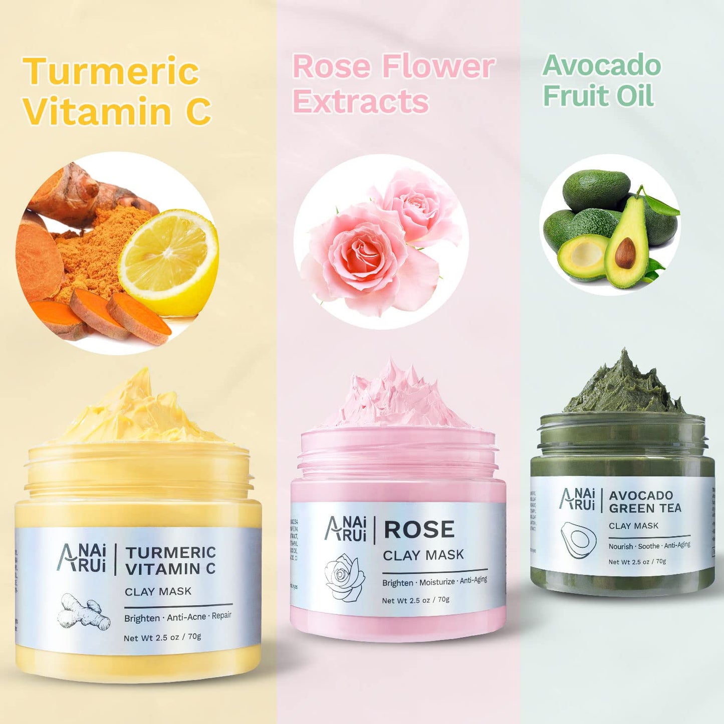 ANAI RUI 3 Pack Pore Purity Cleansing Clay Mask Set Absorbs Excess Oil,Turmeric Vitamin C Clay Mask -Rose Facial Mask -Avocado Green Tea Mud Mask,Facial Mask Skincare for Deep Cleansing 2.5 oz each