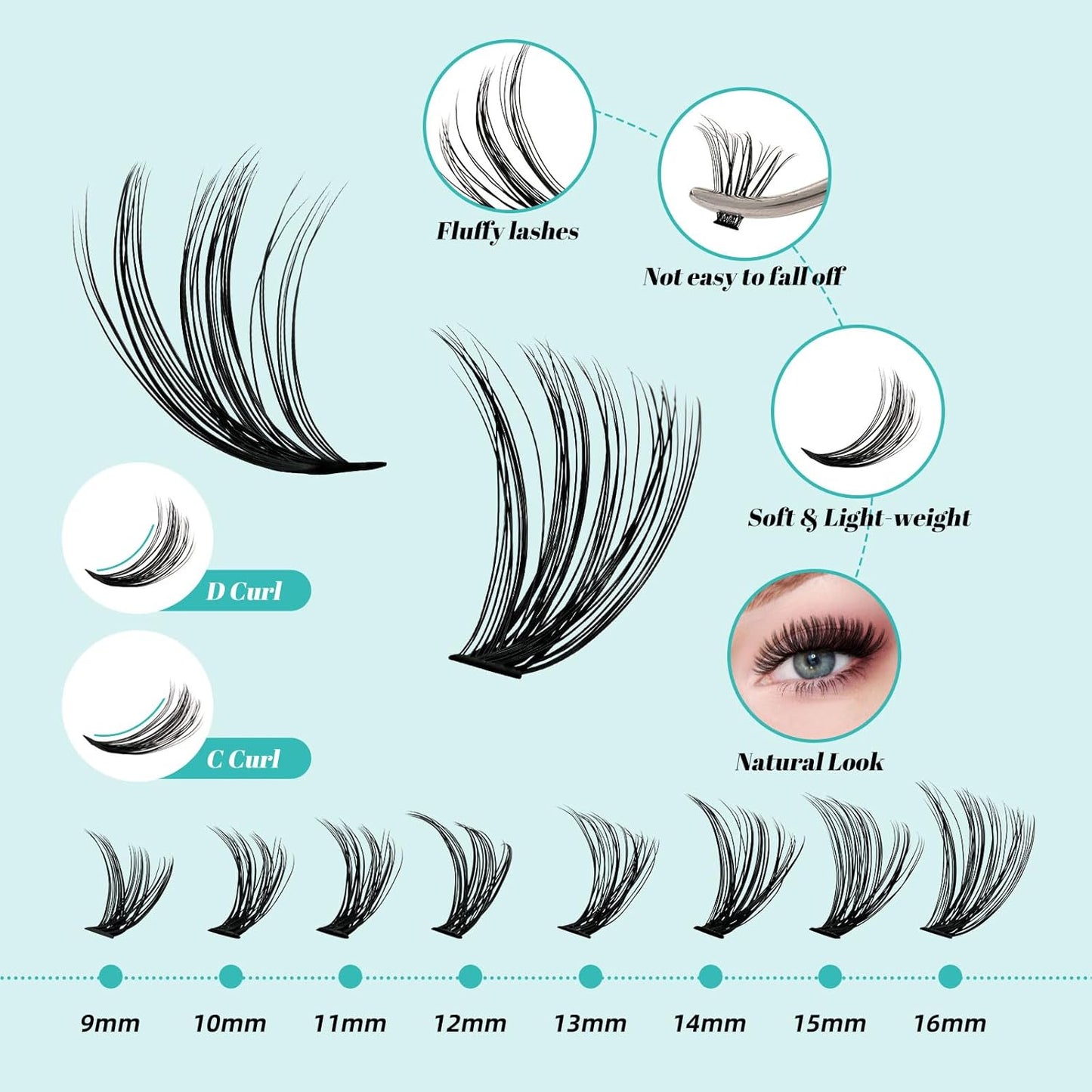 Lash Clusters Kit 320Pcs,30D 40D Eyelash Extension Kit,Lash Bond and Seal Waterproof,Lash Remover for Individual Cluster Lashes Kit,Lash Applicator Tool for DIY Lash Extension Kit(D-Mix9-16mm Kit)