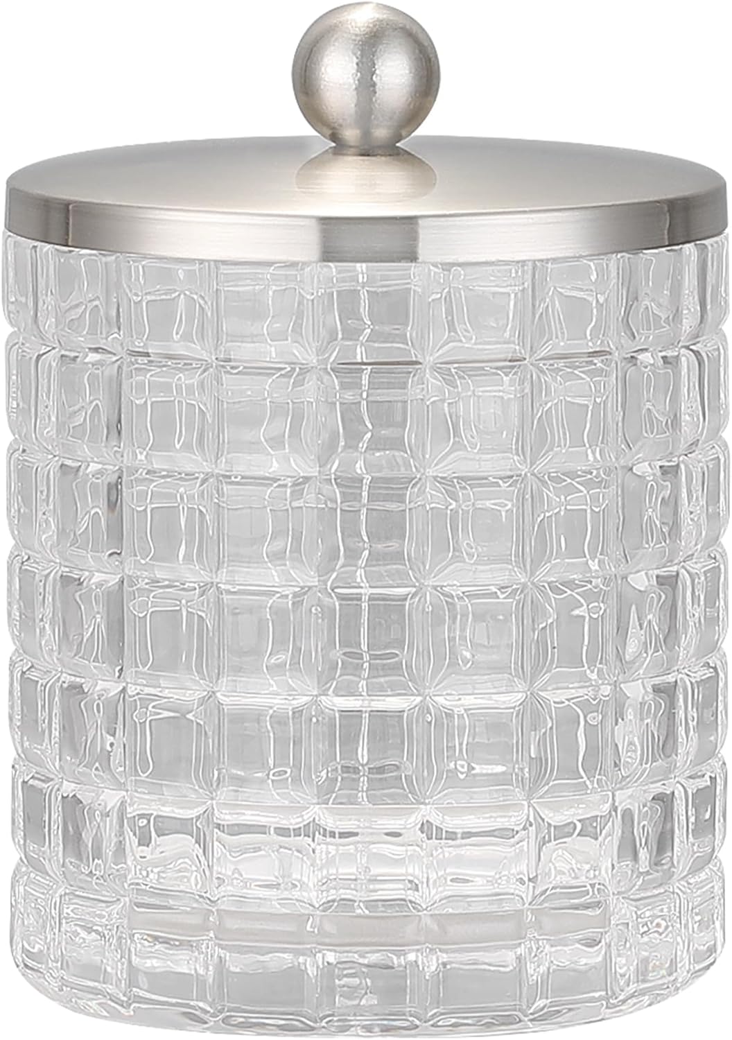 Glass Jar with Metal Lid for Bathroom Organization, Clear Apothecary Jar for Cotton Balls, Q Tips, and Small Accessories, Stylish Bathroom Storage Container Clear, Nickel