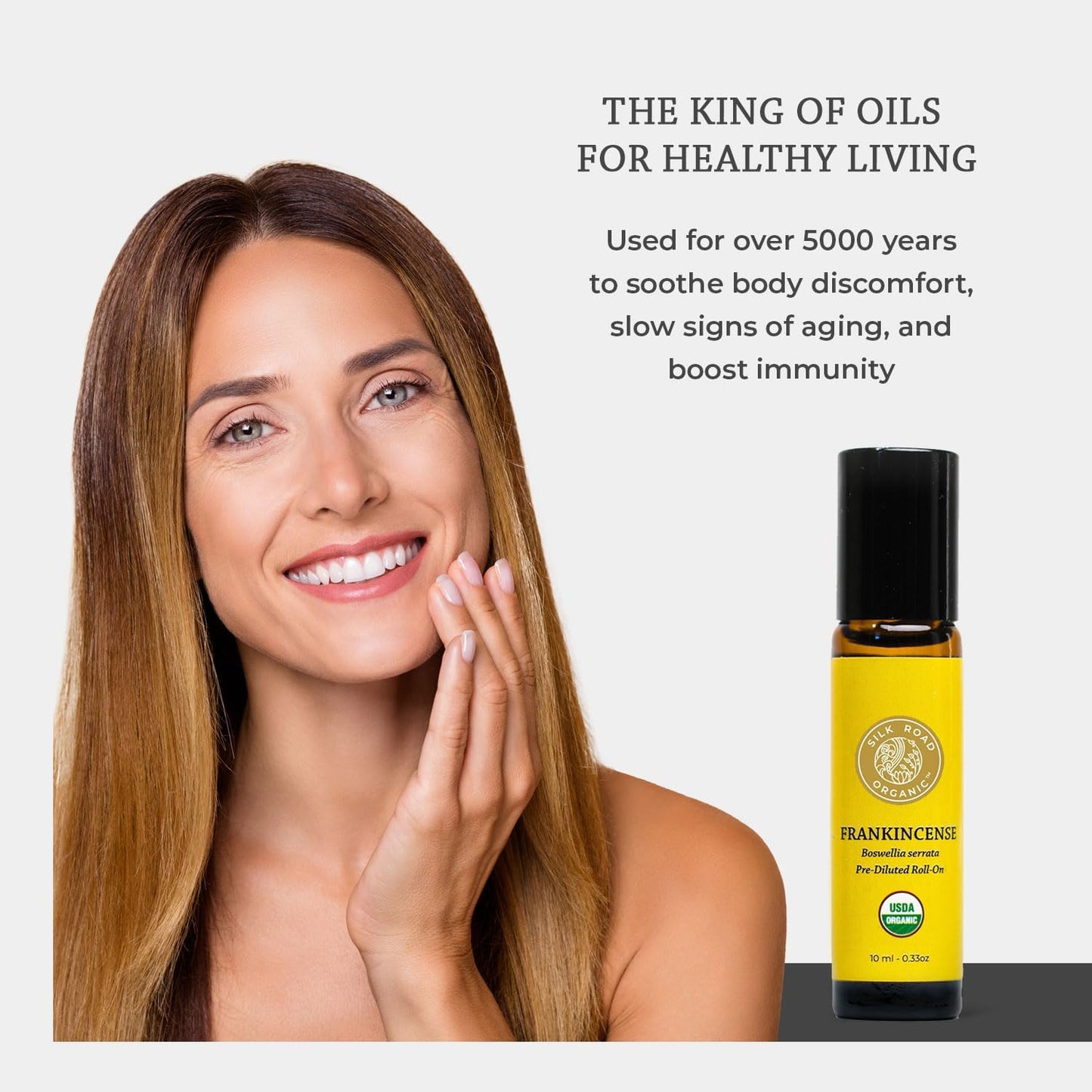 Silk Road Organic Frankincense Serrata Essential Oil Roll on, 100% Pure USDA Certified Aromatherapy for Skin Health, Aging, Fine Lines & Body Aches - 10 ml Roller